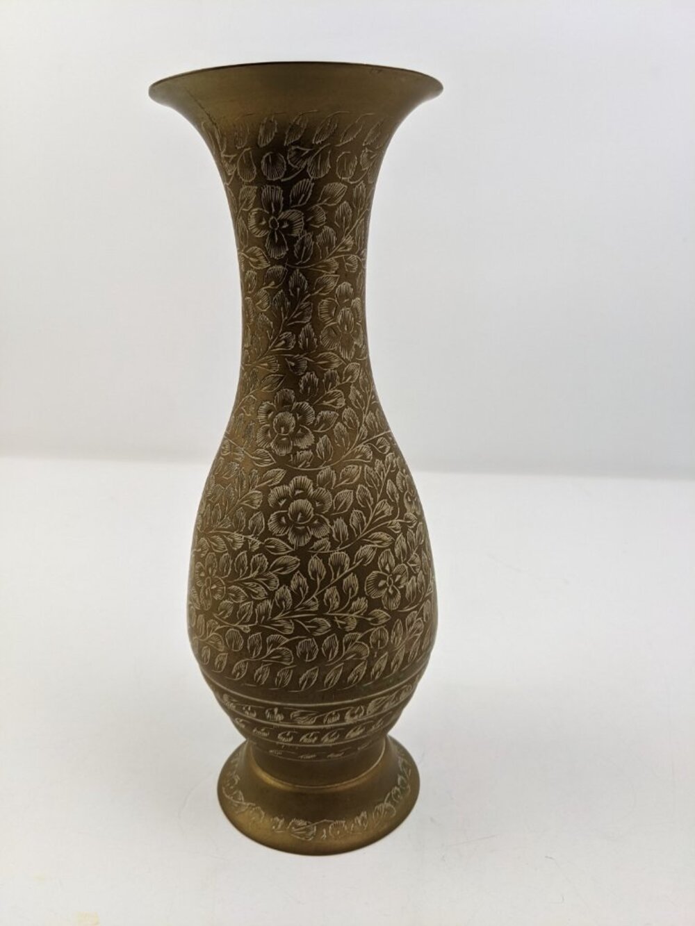 Vintage Etched Brass Vase Intricate Leaf Floral Design 10 India Signed Numbered